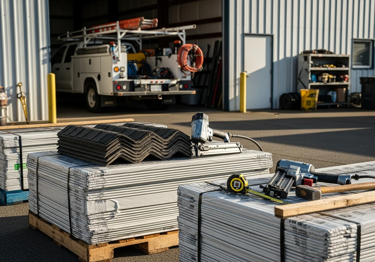 Professional roofing and siding crew with tools and materials ready for exterior home installation work.