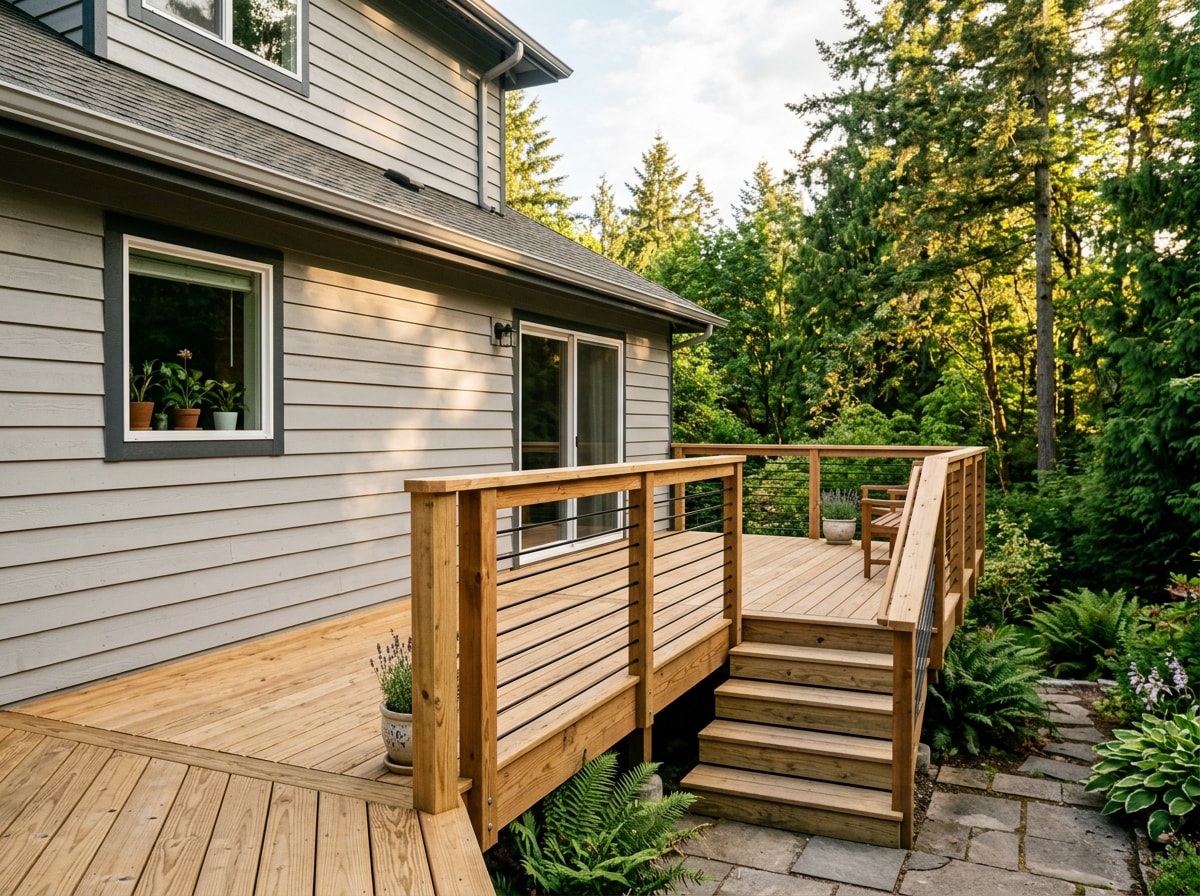 Finished Pacific Northwest home exterior with new siding, roof, and deck