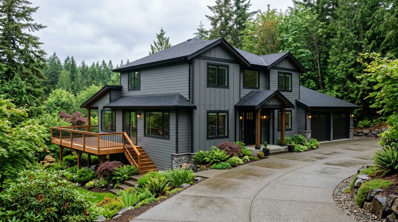 Finished home exterior with new siding, roof, windows, and deck in Vancouver, WA