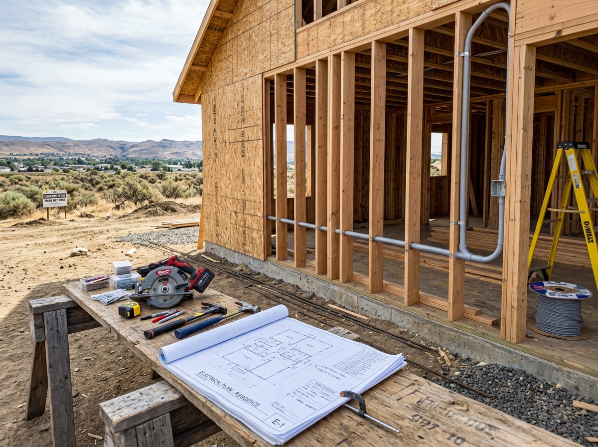 general contractor and licensed electrician reviewing a wiring diagram on a Kennewick jobsite