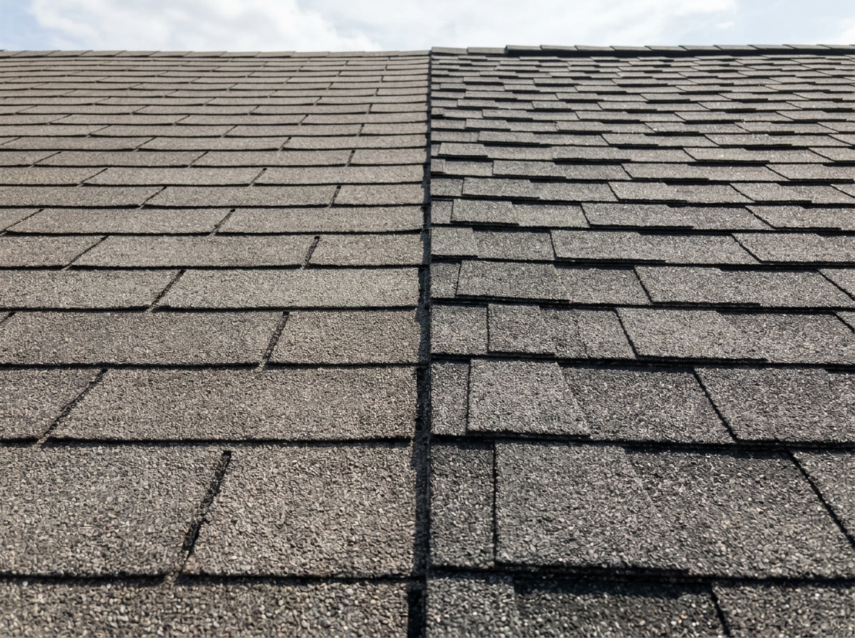 Side-by-side comparison of 3-tab asphalt shingles and architectural asphalt shingles on a residential roof