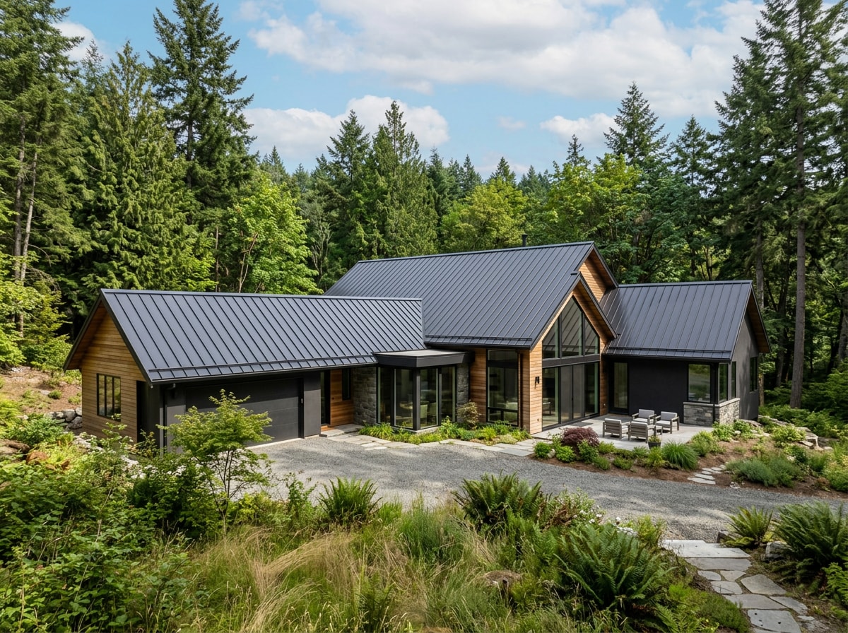 Standing seam metal roof installed on a modern residential home