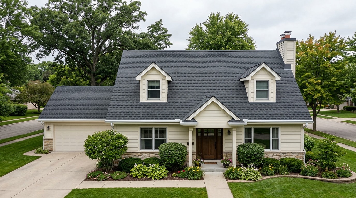 Newly installed architectural asphalt shingle roof on a suburban home