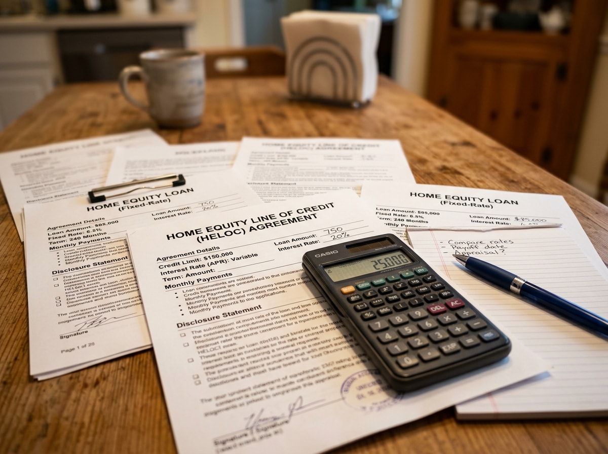 Homeowner reviewing home equity loan and HELOC paperwork for roof financing