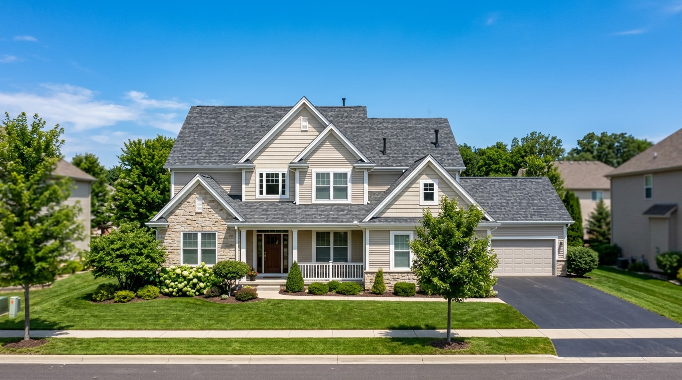 Newly installed asphalt shingle roof on a suburban home Newly installed asphalt shingle roof on a suburban home