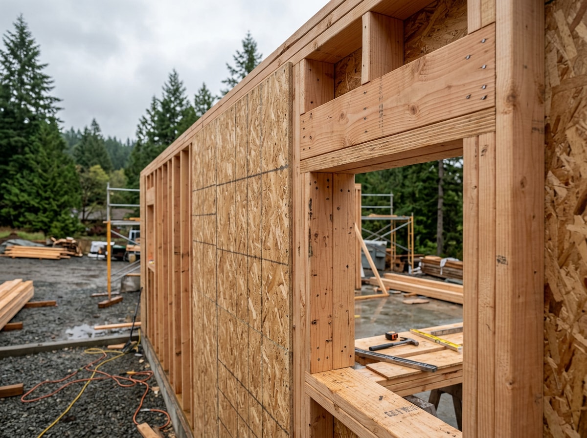 Close-up of a newly framed exterior wall with structural studs and sheathing on a Longview, WA job site