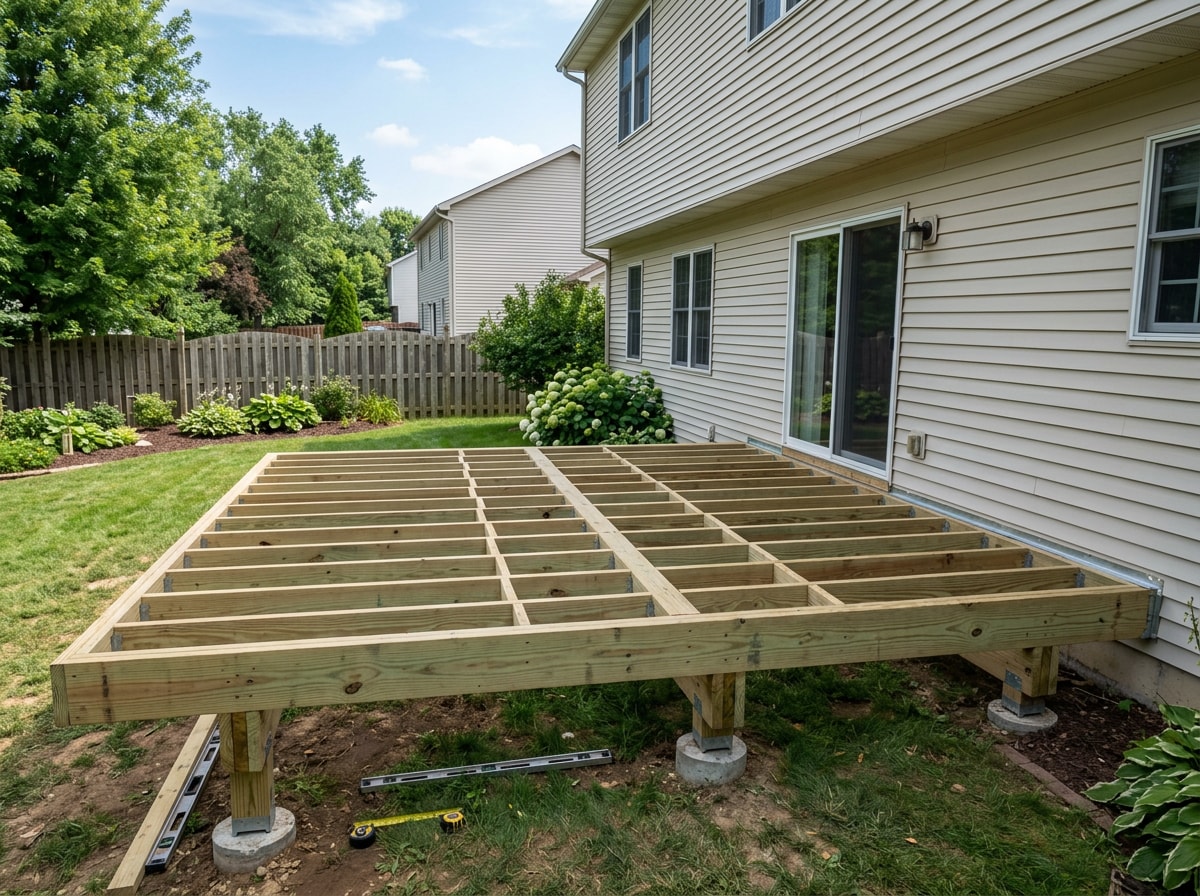 Completed deck frame with pressure-treated joists and beams ready for decking boards in a Longview, WA backyard