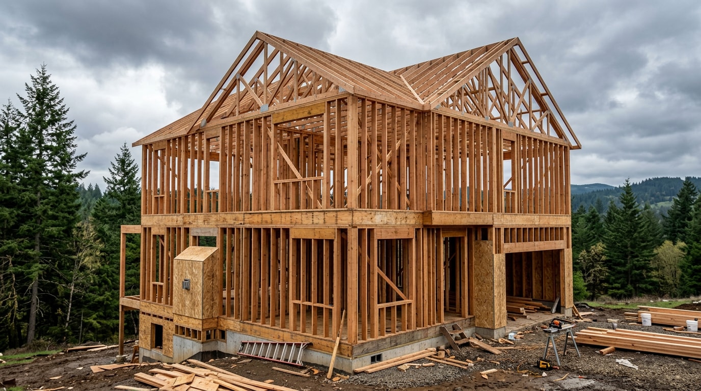 Wood-framed house structure during construction in Longview, WA