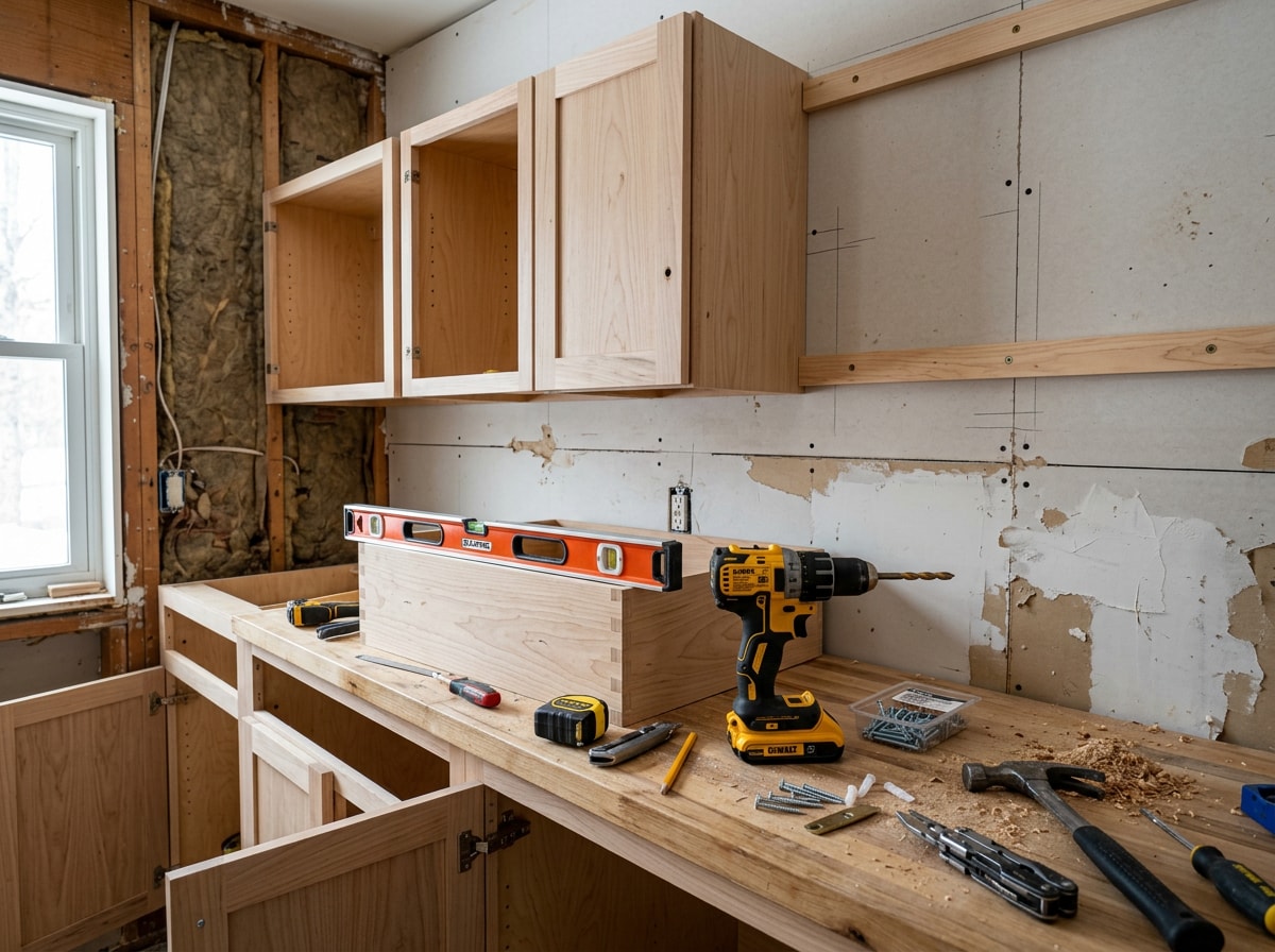 General contractor installing semi-custom kitchen cabinets during a Southwest Washington kitchen remodel