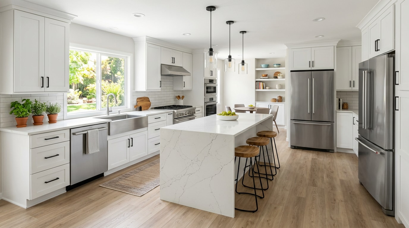 Finished general contractor kitchen remodel with white cabinets and quartz countertops in a Southwest Washington Metro home
