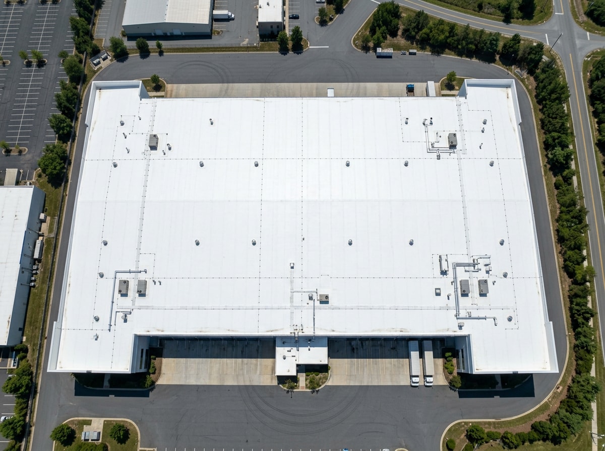Aerial drone photo of a freshly installed TPO membrane roof on a large commercial warehouse, visible seams and flashing details, daylight, no people