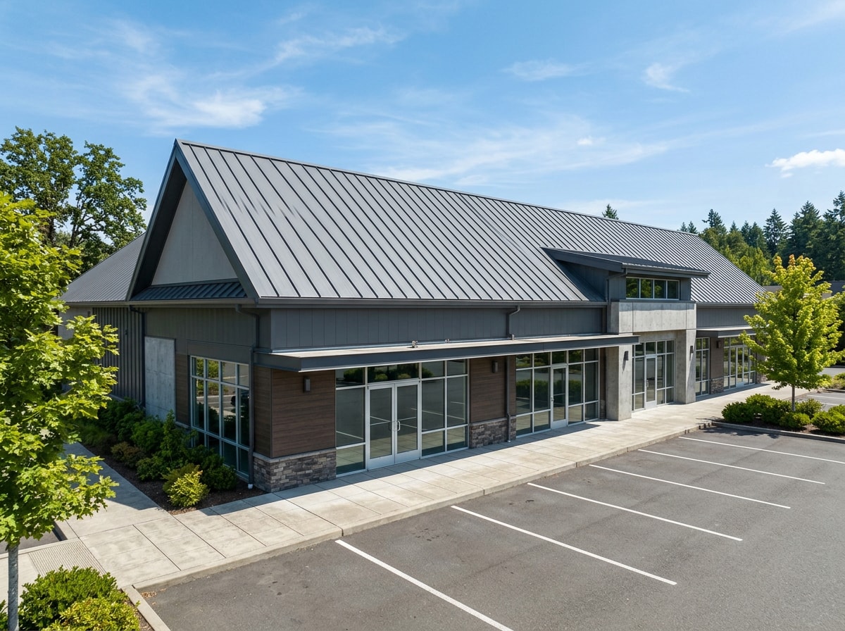 Finished standing-seam metal roof on a commercial retail building exterior, clean lines and daylight, no people
