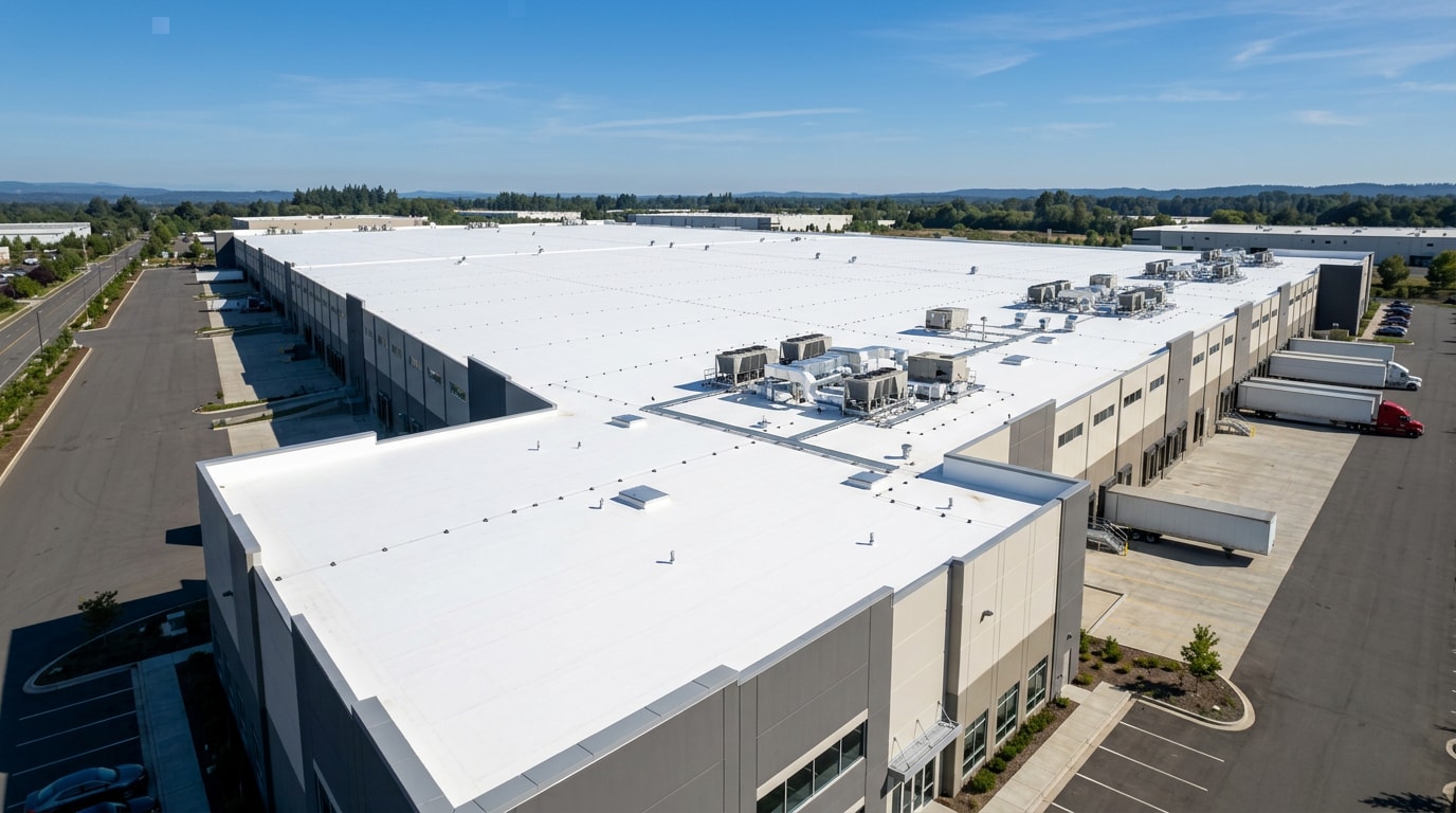 Newly installed commercial TPO roofing system on a large flat-roof building Newly installed commercial TPO roofing system on a large flat-roof building