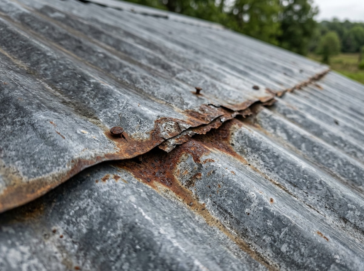 Close-up photo of a weathered tin roof panel showing its shiny gray patina