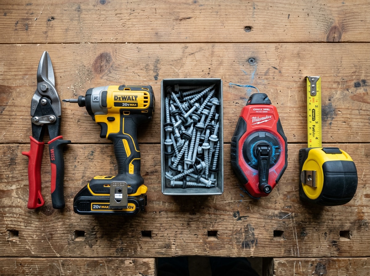 Flat-lay photo of metal roofing tools and materials including snips, screws, and a chalk line