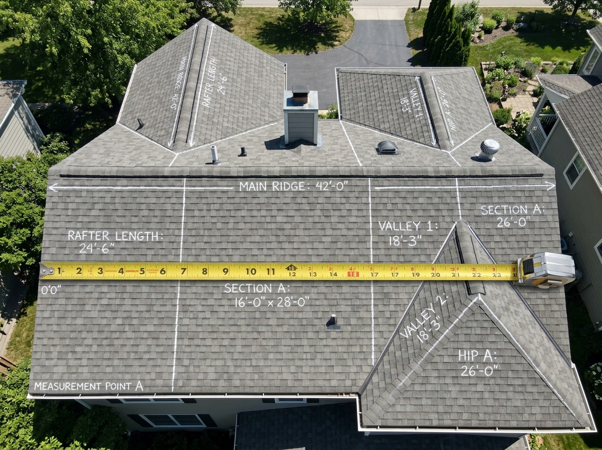 Diagram showing how to measure a roof section by section for metal panel ordering