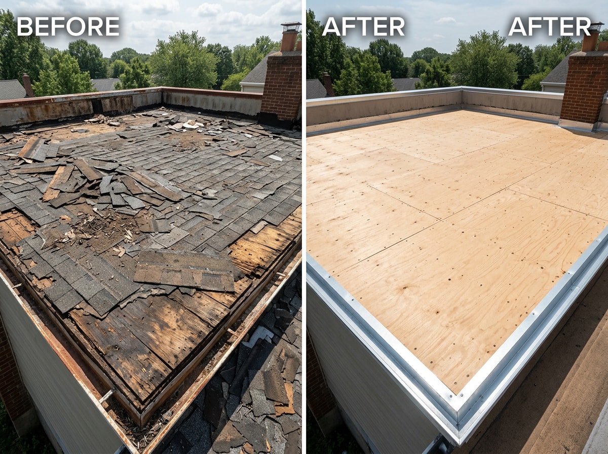 Before-and-after photo of a roof deck stripped down to bare wood ready for underlayment