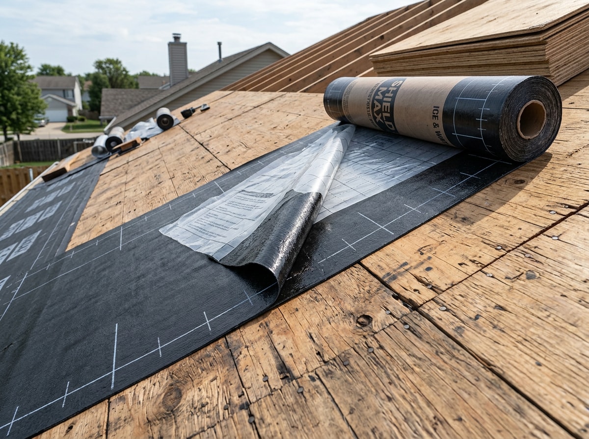 Roofer unrolling ice-and-water shield underlayment across a bare roof deck