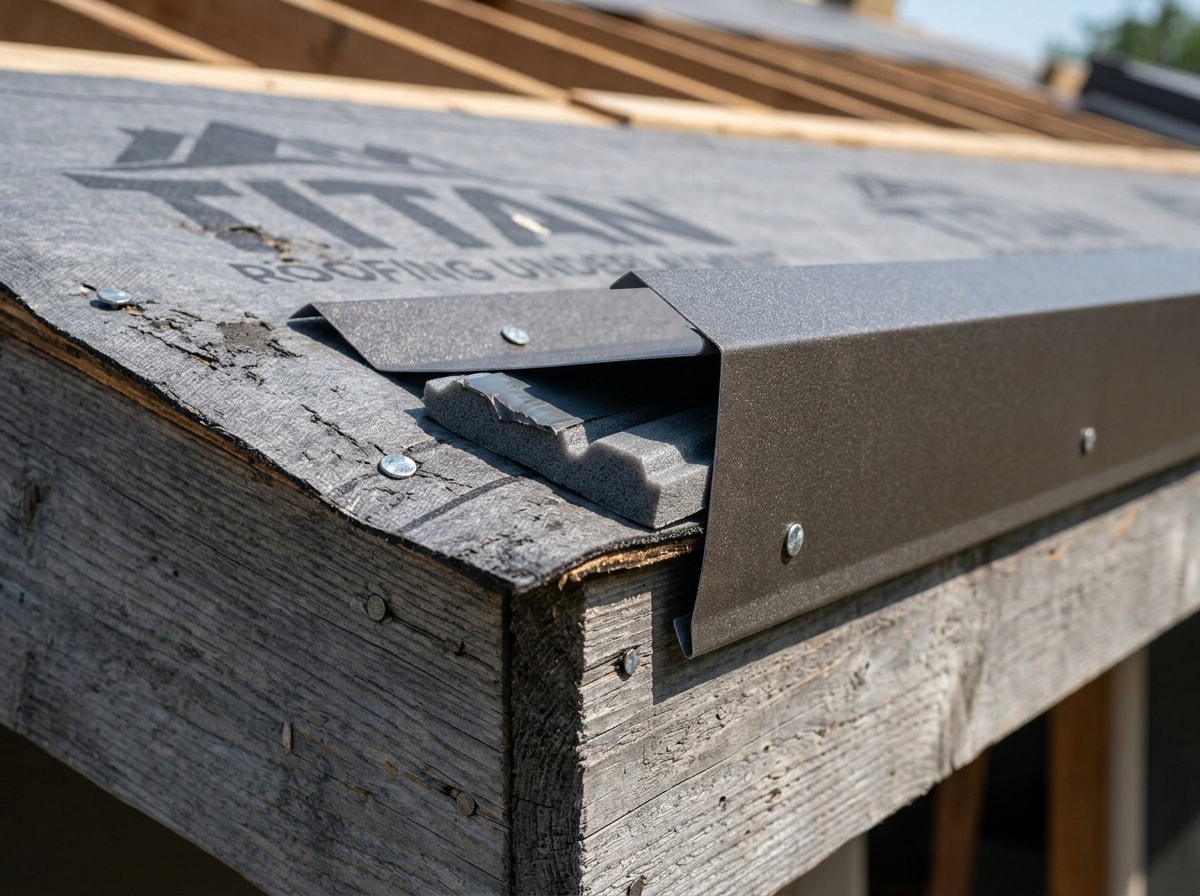 Close-up of eave trim and foam closure strip installed along a roof edge
