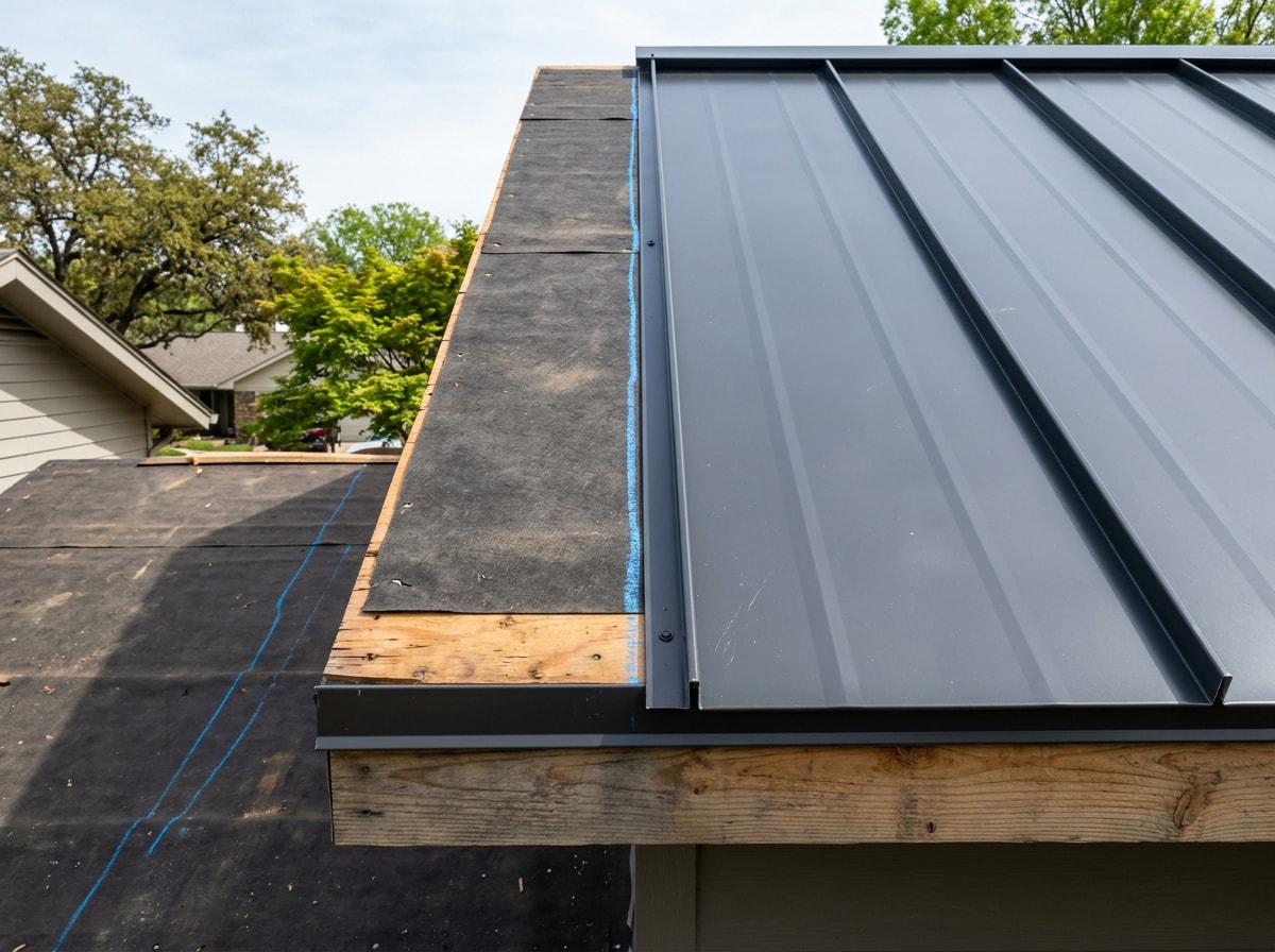 Roofer aligning the first metal panel against a chalk reference line at the eave