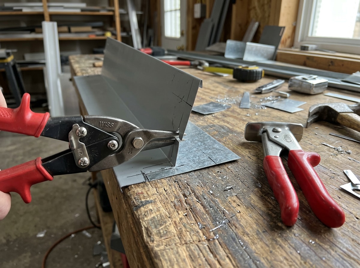 Close-up of gable trim being bent and tabbed with aviation snips
