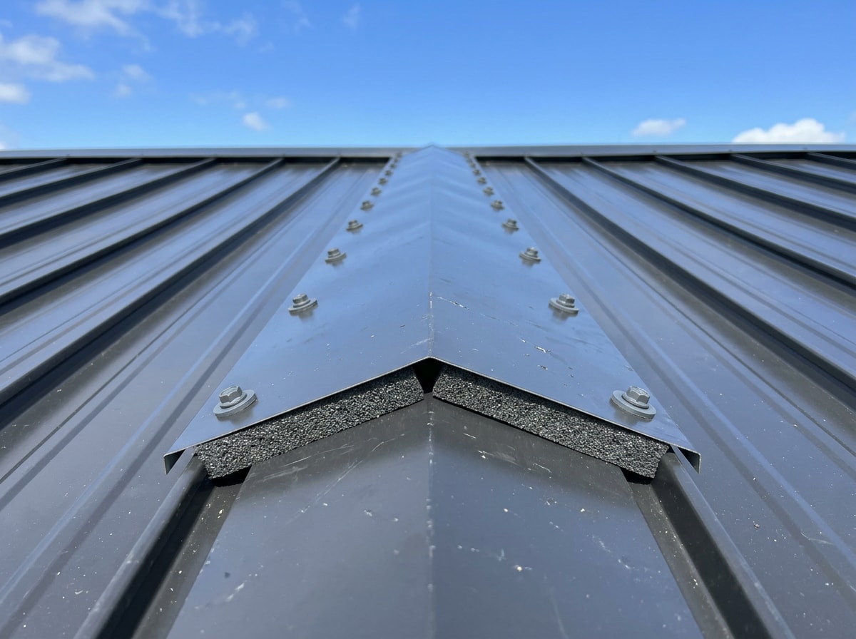 Installer fastening a ridge cap along the peak of a metal roof