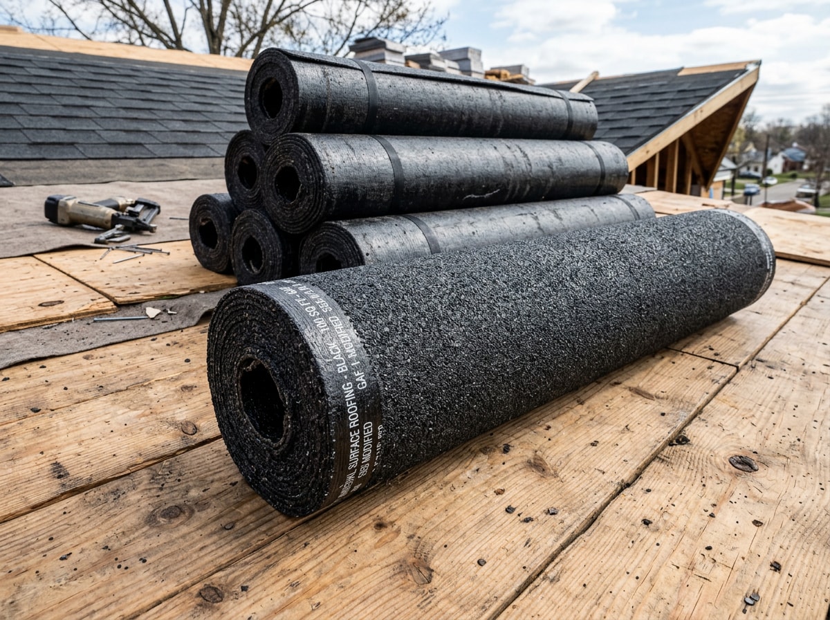Rolls of mineral surface roll roofing stacked and ready for installation