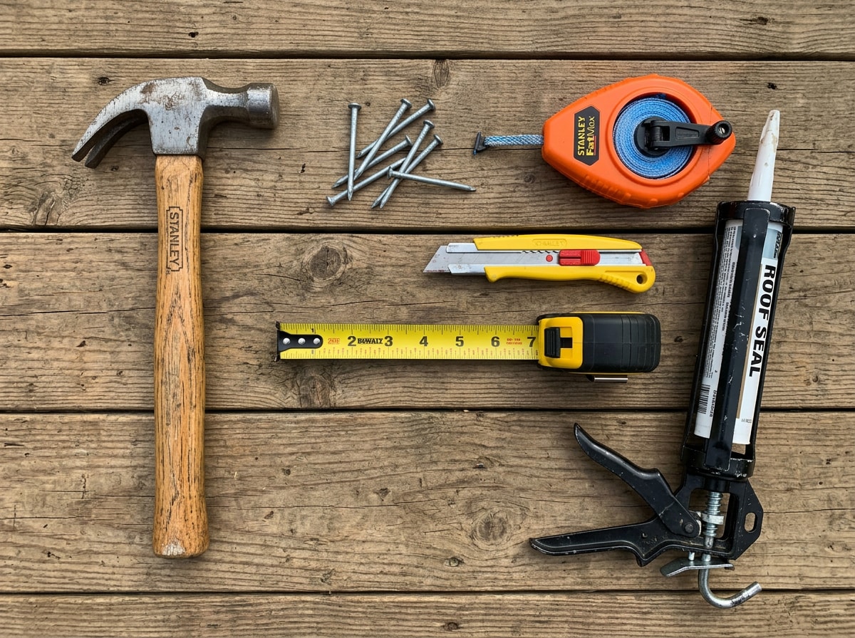 Flat-lay photo of roll roofing tools including a hammer, chalk line, utility knife, and caulk gun