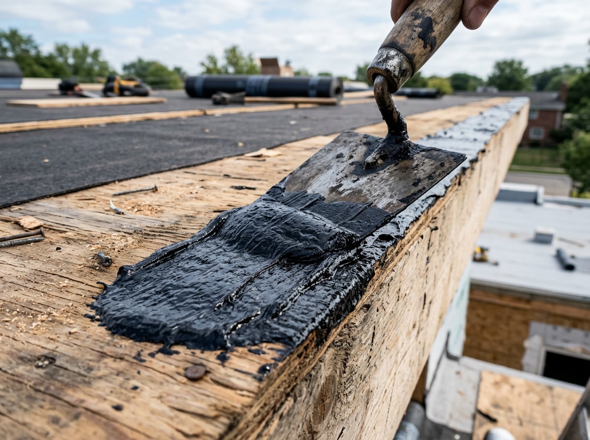Close-up of roofing cement being applied at an even thickness along a roof edge