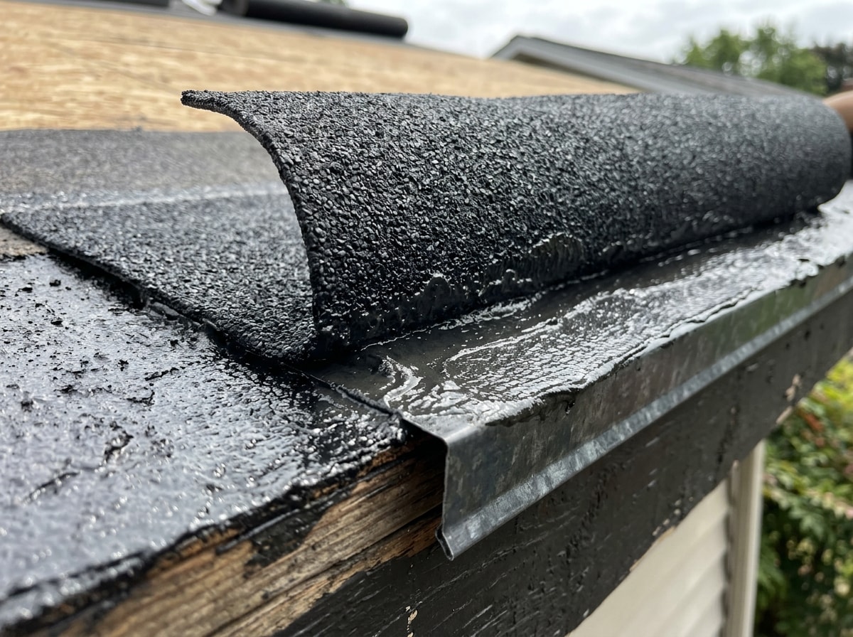 Worker pressing the first course of roll roofing into wet cement along the eave