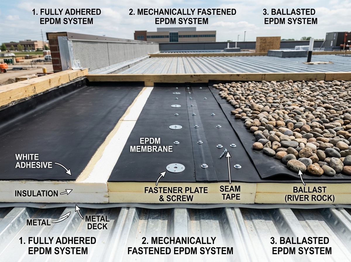 Diagram comparing fully adhered, mechanically attached, and ballasted EPDM roof installation methods