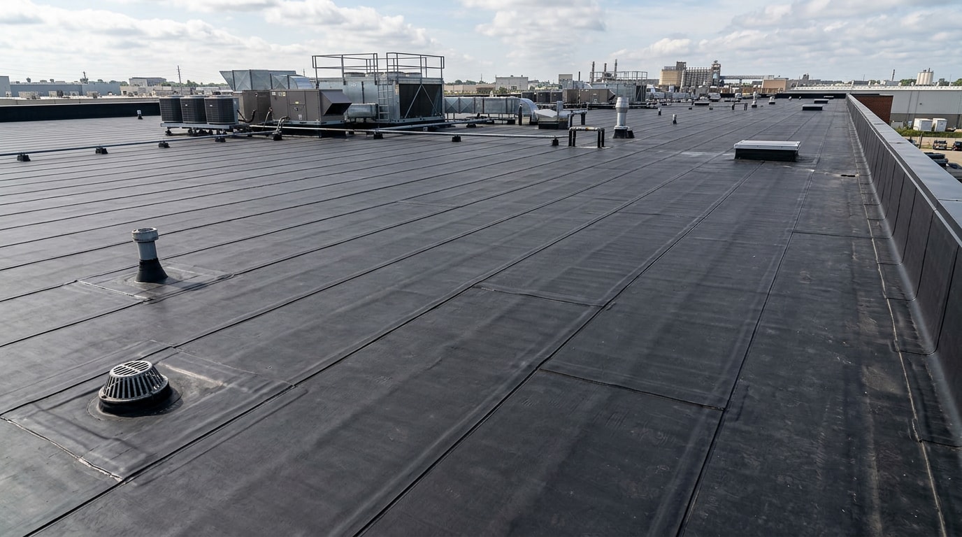 Flat commercial roof covered in black EPDM rubber membrane