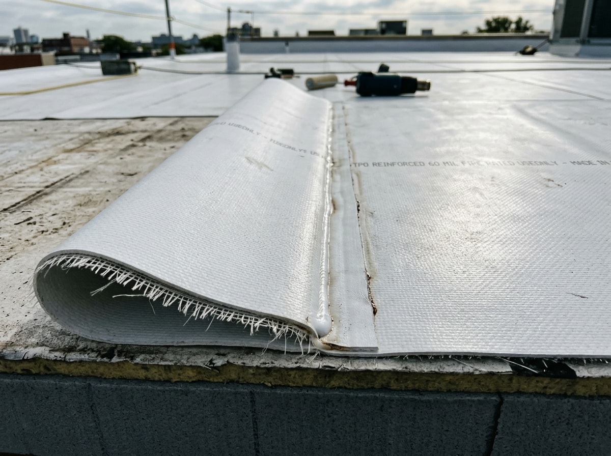 Close-up of a TPO roofing membrane roll showing a heat-welded seam