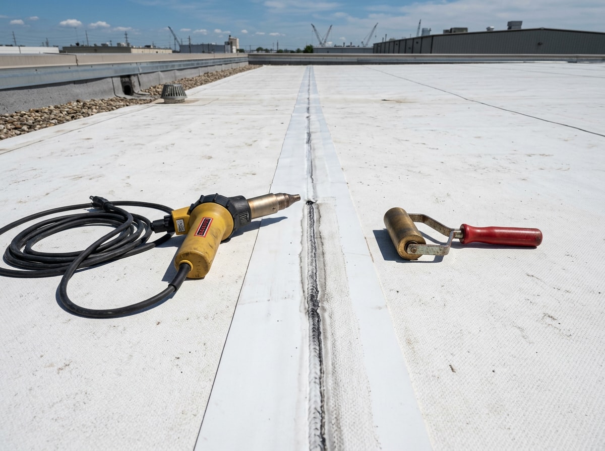 Roofing technician inspecting heat-welded seams on a white TPO commercial roof
