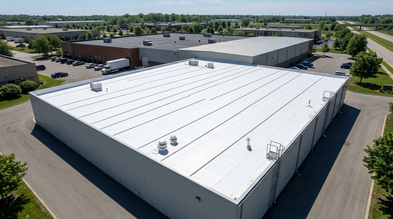 White TPO membrane roof installed on a low-slope commercial roof addition