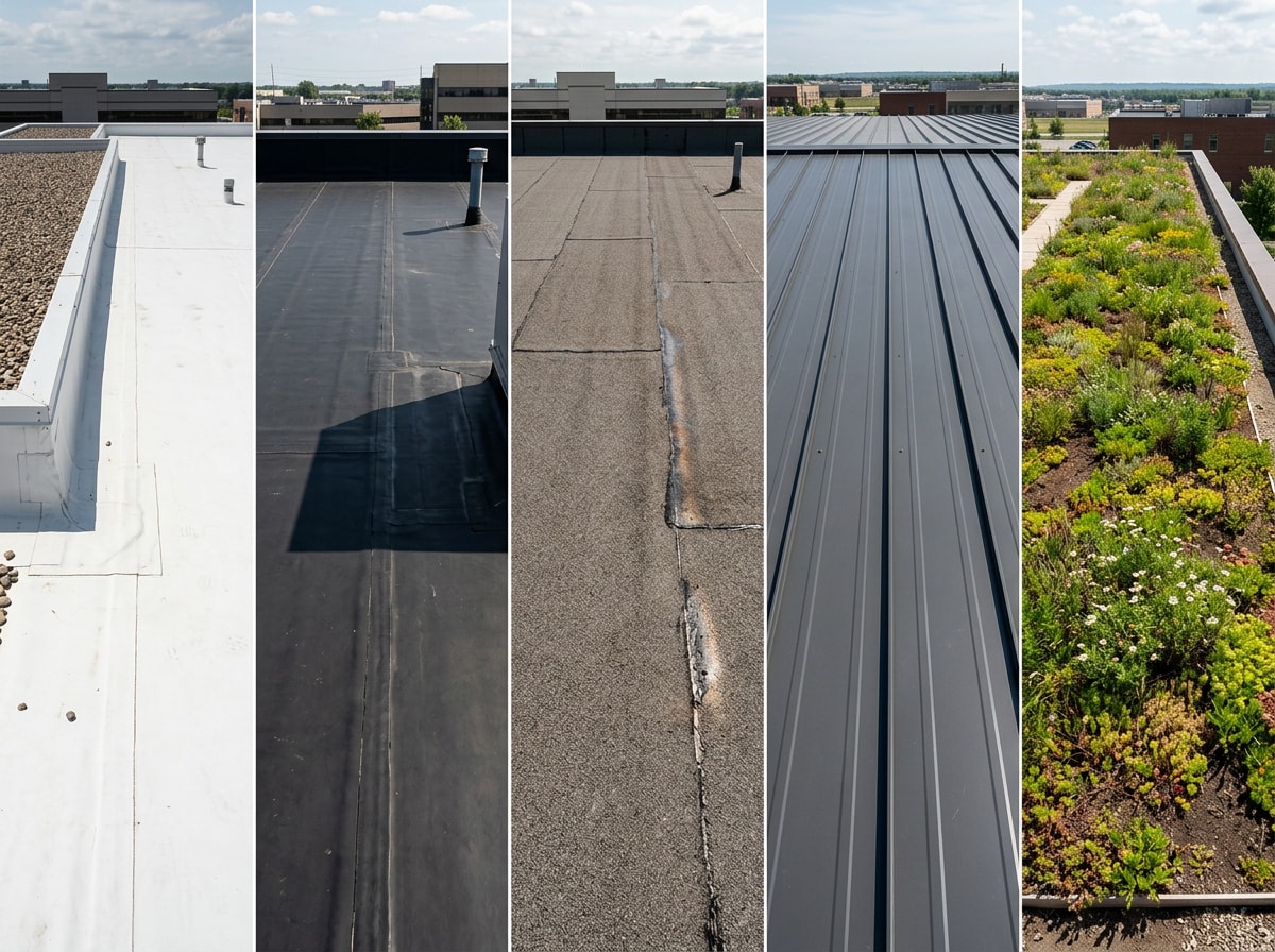 Side-by-side comparison of five commercial roofing system types including TPO, metal, and green roofing