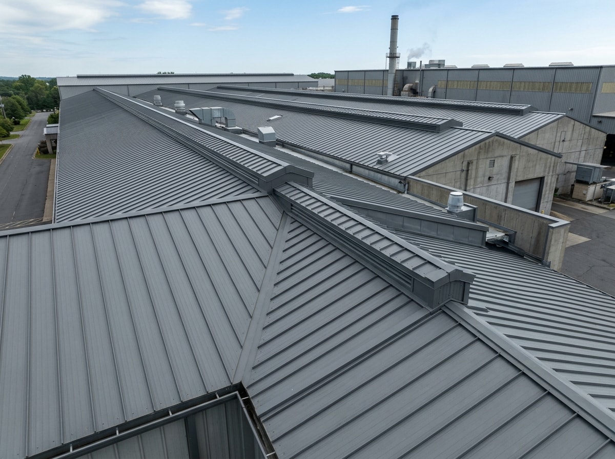 Standing seam metal commercial roof installed on a manufacturing building