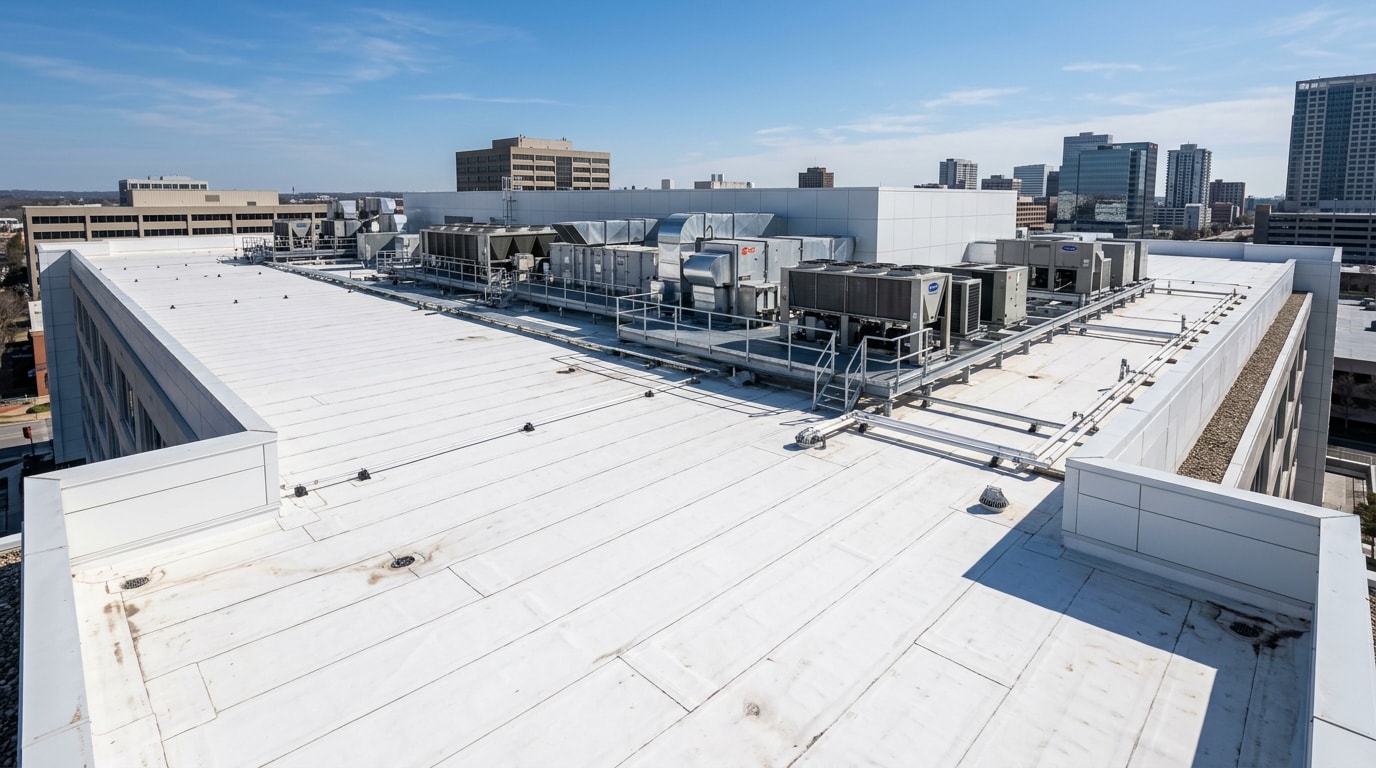 Flat low-slope commercial roof with white TPO membrane and rooftop HVAC units