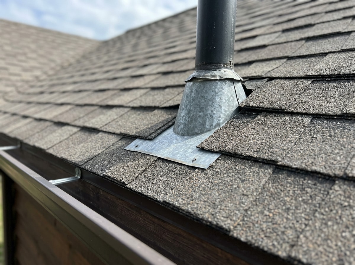 finished residential roof close-up showing asphalt shingles, metal flashing, and gutter line