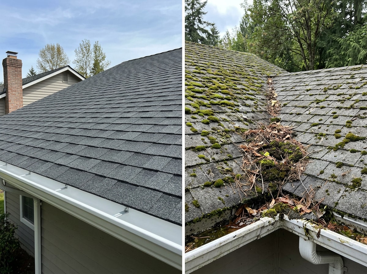 side-by-side comparison of a clean, well-maintained roof and a neglected roof with moss and debris buildup