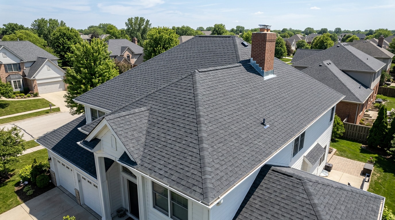 finished residential roof with asphalt shingles, flashing, and gutters