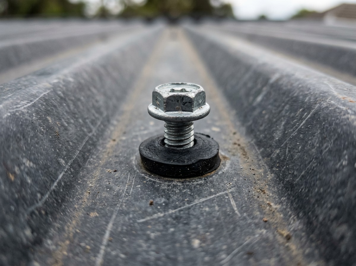 Close-up of a metal roofing screw properly seated in the flat of a corrugated panel
