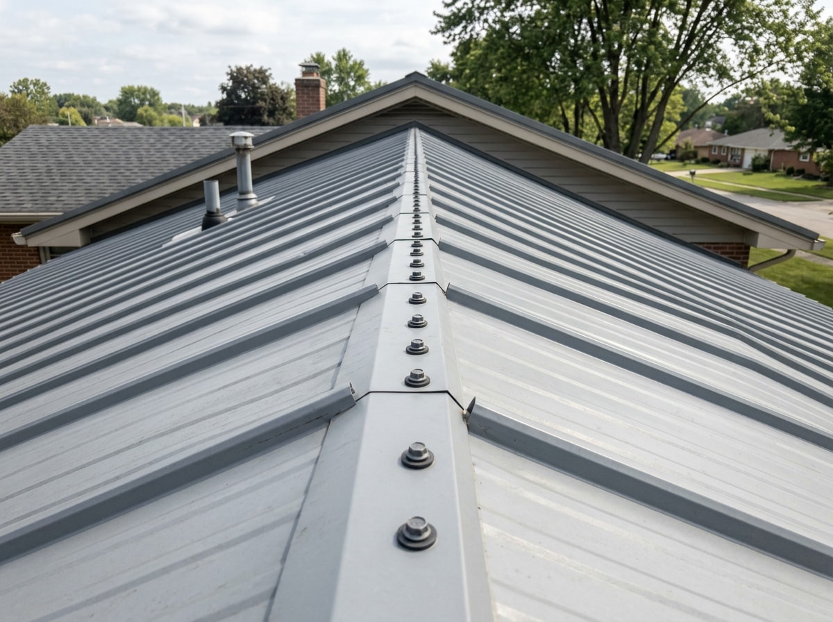 Metal roofing panel overlap seam with evenly spaced screws along the joint