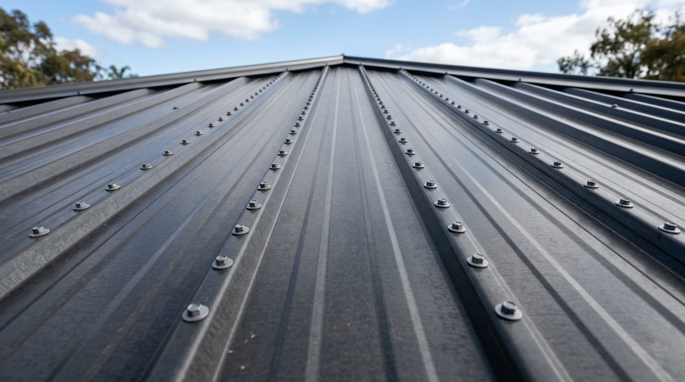 Metal roof panels with screws correctly installed in the flat sections