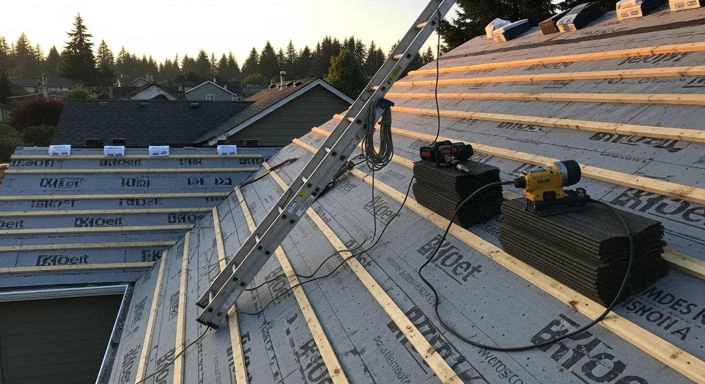 Professional roofer installing new roof shingles on residential home