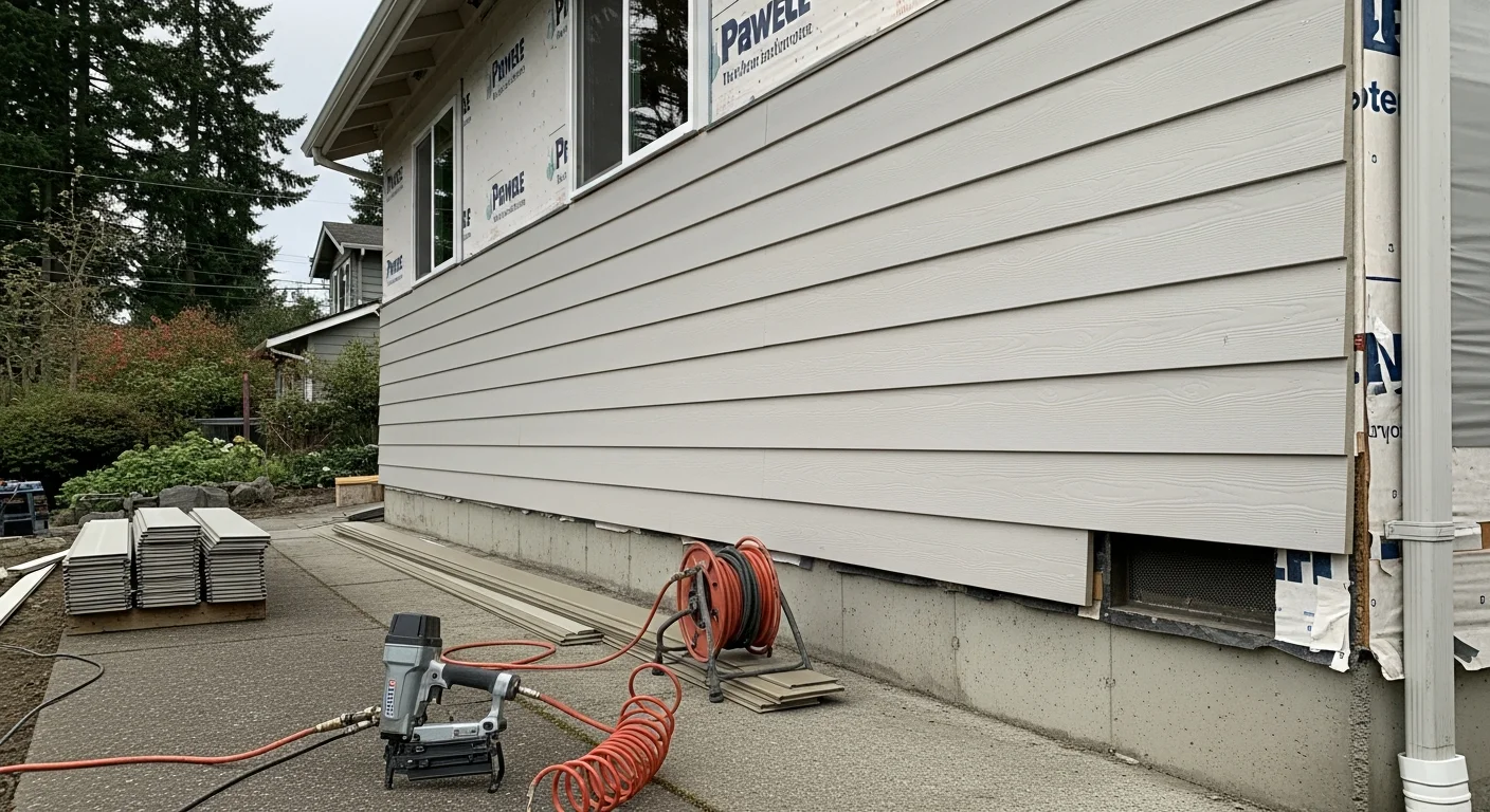 New vinyl siding installed on side of residential home