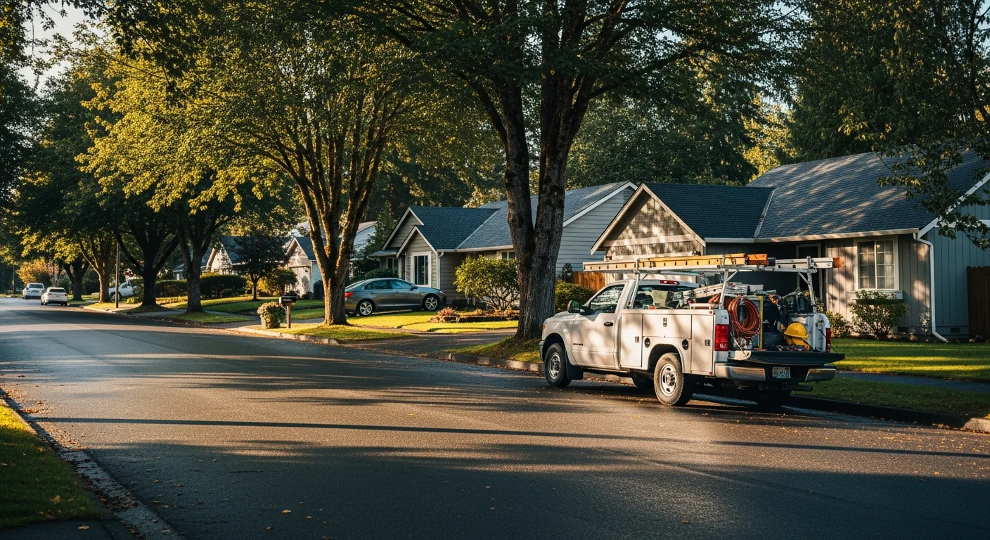 Residential street in Longview, WA with mature trees and well-maintained homes typical of the city's established neighborhoods.