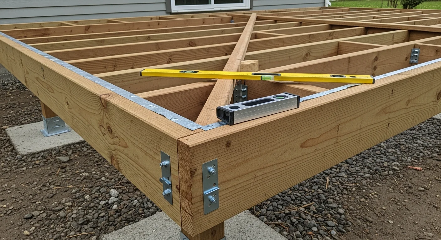 A newly constructed wood deck attached to the back of a single-family home in Longview, Washington, with code-compliant railings and a clean ledger board connection visible at the house wall. The surrounding yard shows the Pacific Northwest tree line typical of Cowlitz County properties.