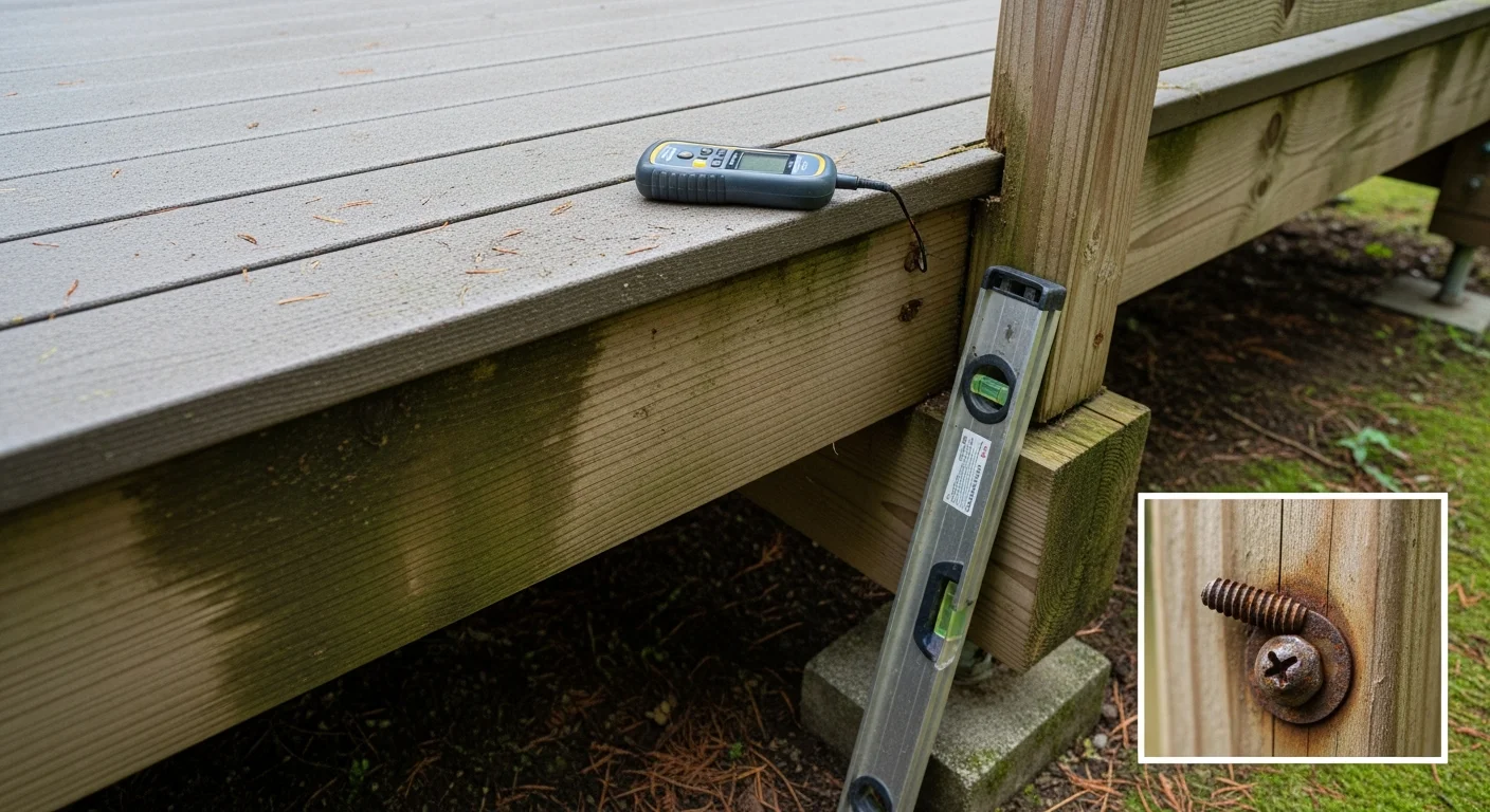 A Black Bear Home Exteriors crew member inspecting the underside framing and ledger board of a wood deck at a residential home in Longview, WA. The image shows close examination of joists and fasteners in a typical Pacific Northwest backyard setting.