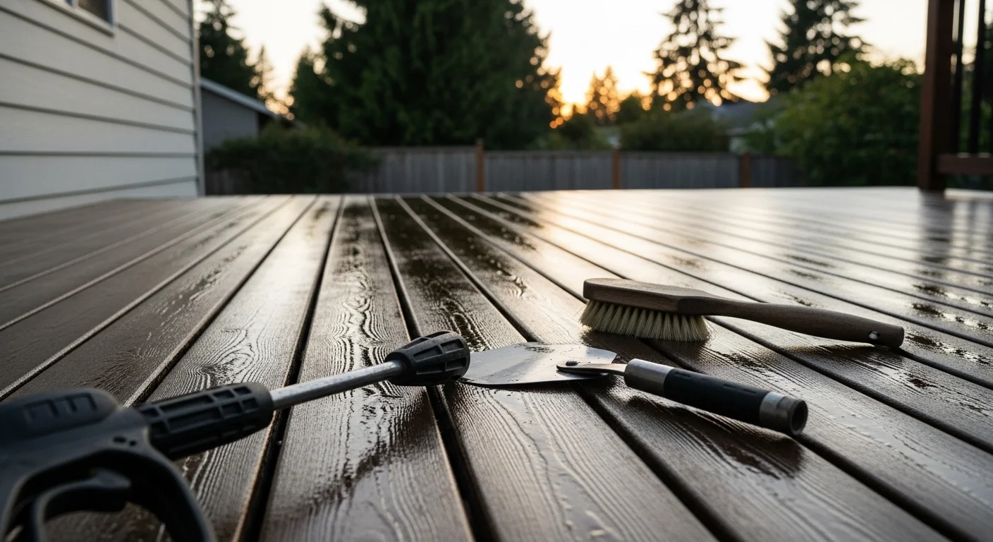A maintained residential wood deck in Longview, Washington with clean boards, secure railings, and no visible rot or discoloration. The deck shows fresh surface treatment consistent with Pacific Northwest moisture protection.
